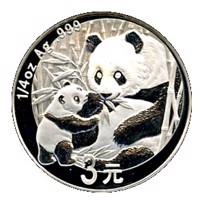 China coin 3 Yuan - 25th Anniversary of Panda Coinage - 2005 design, proof finish (2007) reverse reverse of 3 Yuan - 25th Anniversary of Panda Coinage - 2005 design, proof finish (2007) coin with KM# 1784 from China.