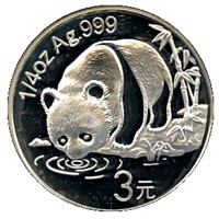 China coin 3 Yuan - 25th Anniversary of Panda Coinage - 1987 design, proof finish (2007) reverse reverse of 3 Yuan - 25th Anniversary of Panda Coinage - 1987 design, proof finish (2007) coin with KM# 1750 from China.
