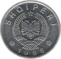 obverse of 20 Qindarka (1988) coin with KM# 65 from Albania. Inscription: SHQIPERI 24MAJ1944 1988