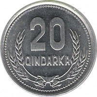Albania coin 20 Qindarka (1988) reverse reverse of 20 Qindarka (1988) coin with KM# 65 from Albania. Inscription: 20 QINDARKA