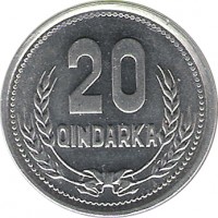 reverse of 20 Qindarka (1988) coin with KM# 65 from Albania. Inscription: 20 QINDARKA