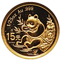 reverse of 15 Yuan - 1991 Gold Panda Design (2007) coin with KM# 1759 from China. Inscription: 1/25 oz Au .999 15元