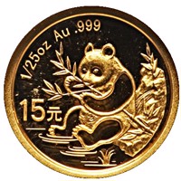 China coin 15 Yuan - 1991 Gold Panda Design (2007) reverse reverse of 15 Yuan - 1991 Gold Panda Design (2007) coin with KM# 1759 from China. Inscription: 1/25 oz Au .999 15元