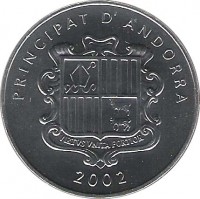 obverse of 1 Cèntim - Joan Martí i Alanis - Pyrenean Chamois (2002) coin with KM# 177 from Andorra. Inscription: PRINCIPAT D'ANDORRA 2002 VIRTUS UNITA FORTIOR