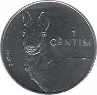 reverse of 1 Cèntim - Joan Martí i Alanis - Pyrenean Chamois (2002) coin with KM# 177 from Andorra. Inscription: 1 CÈNTIM Isard