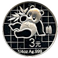 China coin 3 Yuan - 25th Anniversary of Panda Coinage - 1989 design, proof finish (2007) reverse reverse of 3 Yuan - 25th Anniversary of Panda Coinage - 1989 design, proof finish (2007) coin with KM# 1754 from China.
