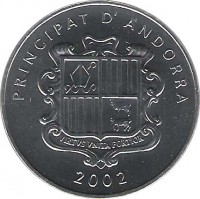 obverse of 1 Cèntim - Joan Martí i Alanis - Charlemagne (2002) coin with KM# 176 from Andorra. Inscription: PRINCIPAT D'ANDORRA VIRTUS UNITA FORTIOR 2002