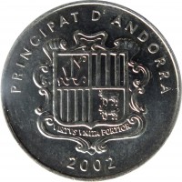 obverse of 1 Cèntim - Joan Martí i Alanis - Agnus Dei (2002) coin with KM# 178 from Andorra. Inscription: PRINCIPAT D'ANDORRA VIRTUS UNITA FORTIOR 2002