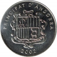 Andorra coin 1 Cèntim - Joan Martí i Alanis - Agnus Dei (2002) obverse obverse of 1 Cèntim - Joan Martí i Alanis - Agnus Dei (2002) coin with KM# 178 from Andorra. Inscription: PRINCIPAT D'ANDORRA VIRTUS UNITA FORTIOR 2002