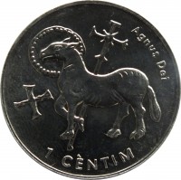 Andorra coin 1 Cèntim - Joan Martí i Alanis - Agnus Dei (2002) reverse reverse of 1 Cèntim - Joan Martí i Alanis - Agnus Dei (2002) coin with KM# 178 from Andorra. Inscription: Agnus Dei 1 CÈNTIM