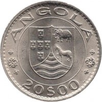 obverse of 20 Escudos (1971 - 1972) coin with KM# 80 from Angola. Inscription: ANGOLA 20$00