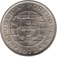 Angola coin 20 Escudos (1971 - 1972) reverse reverse of 20 Escudos (1971 - 1972) coin with KM# 80 from Angola. Inscription: REPÚBLICA · PORTUGUESA 1972