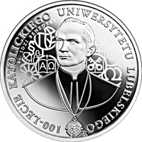 reverse of 10 Złotych - 100th Anniversary of the Catholic University of Lublin (2019) coin from Poland. Inscription: 100-LECIE KATOLICKIEGO UNIWERSYTETU LUBELSKIEGO ks. IDZI BENEDYKT KR