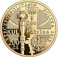 obverse of 200 Złotych - 100th Anniversary of the Catholic University of Lublin (2019) coin from Poland. Inscription: RZECZPOSPOLITA POLSKA 2019 Deo et Patriae KUL 200 ZŁ mw