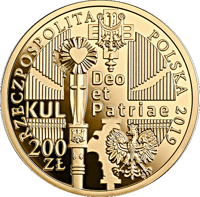 Poland coin 200 Złotych - 100th Anniversary of the Catholic University of Lublin (2019) obverse obverse of 200 Złotych - 100th Anniversary of the Catholic University of Lublin (2019) coin from Poland. Inscription: RZECZPOSPOLITA POLSKA 2019 Deo et Patriae KUL 200 ZŁ mw