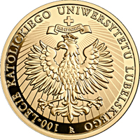 reverse of 200 Złotych - 100th Anniversary of the Catholic University of Lublin (2019) coin from Poland. Inscription: 100-LECIE KATOLICKIEGO UNIWERSYTETU LUBELSKIEGO DEO ET PATRIAE KR