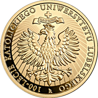Poland coin 200 Złotych - 100th Anniversary of the Catholic University of Lublin (2019) reverse reverse of 200 Złotych - 100th Anniversary of the Catholic University of Lublin (2019) coin from Poland. Inscription: 100-LECIE KATOLICKIEGO UNIWERSYTETU LUBELSKIEGO DEO ET PATRIAE KR