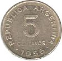 Argentina coin 5 Centavos - Reeded edge (1951 - 1953) reverse reverse of 5 Centavos - Reeded edge (1951 - 1953) coin with KM# 46 from Argentina. Inscription: .REPUBLICA ARGENTINA. 1952 5 CENTAVOS