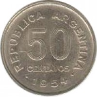 reverse of 50 Centavos (1952 - 1956) coin with KM# 49 from Argentina. Inscription: REPUBLICA ARGENTINA 50 CENTAVOS · 1952 ·