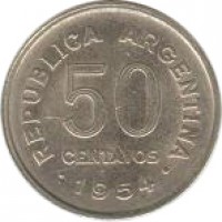 Argentina coin 50 Centavos (1952 - 1956) reverse reverse of 50 Centavos (1952 - 1956) coin with KM# 49 from Argentina. Inscription: REPUBLICA ARGENTINA 50 CENTAVOS · 1952 ·