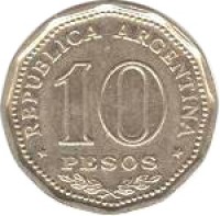 Argentina coin 10 Pesos - Declaration of Independence (1966) reverse reverse of 10 Pesos - Declaration of Independence (1966) coin with KM# 62 from Argentina. Inscription: * REPUBLICA ARGENTINA * 10 PESOS