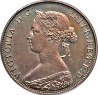Canada coin 1 Cent - Victoria (1865) obverse obverse of 1 Cent - Victoria (1865) coin with KM# Pn7 from Canada. Inscription: VICTORIA D: G: BRITT: REG: F: D: