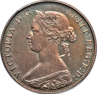 obverse of 1 Cent - Victoria (1865) coin with KM# Pn7 from Canada. Inscription: VICTORIA D: G: BRITT: REG: F: D: