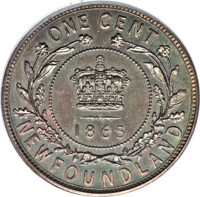 reverse of 1 Cent - Victoria (1865) coin with KM# Pn7 from Canada. Inscription: ONE CENT 1864 NEWFOUNDLAND