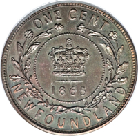 Canada coin 1 Cent - Victoria (1865) reverse reverse of 1 Cent - Victoria (1865) coin with KM# Pn7 from Canada. Inscription: ONE CENT 1864 NEWFOUNDLAND