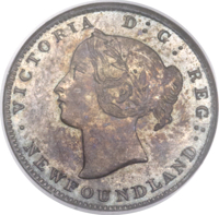 obverse of 5 Cents - Victoria (1864) coin with KM# Pn3 from Canada. Inscription: VICTORIA D: G: REG: NEWFOUNDLAND