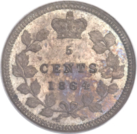 Canada coin 5 Cents - Victoria (1864) reverse reverse of 5 Cents - Victoria (1864) coin with KM# Pn3 from Canada. Inscription: 5 CENTS 1864