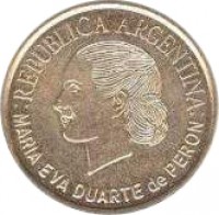 obverse of 2 Pesos - Eva Peron (2002) coin with KM# 135 from Argentina. Inscription: REPUBLICA ARGENTINA MARIA EVA DUARTE DE PERON