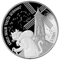 obverse of 5 Euro - Cat's Mill (2019) coin from Latvia. Inscription: KĀRLIS SKALBE 