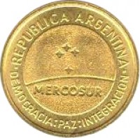 obverse of 50 Centavos - Mercosur (1998) coin with KM# 124 from Argentina. Inscription: .REPUBLICA ARGENTINA. MERCOSUR DEMOCRACIA:PAZ:INTEGRACIÓN