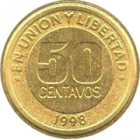 reverse of 50 Centavos - Mercosur (1998) coin with KM# 124 from Argentina. Inscription: .EN UNION Y LIBERTAD. 50 CENTAVOS 1998