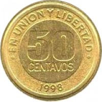 Argentina coin 50 Centavos - Mercosur (1998) reverse reverse of 50 Centavos - Mercosur (1998) coin with KM# 124 from Argentina. Inscription: .EN UNION Y LIBERTAD. 50 CENTAVOS 1998