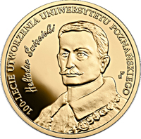 Poland coin 200 Złotych - 100th Anniversary of the University of Poznań (2019) reverse reverse of 200 Złotych - 100th Anniversary of the University of Poznań (2019) coin from Poland. Inscription: 100-LECIE UTWORZENIA UNIWERSYTETU POZNAŃSKIEGO Heliodor Śvięcicki W U