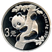 China coin 3 Yuan - 25th Anniversary of Panda Coinage - 1996 design, proof finish (2007) reverse reverse of 3 Yuan - 25th Anniversary of Panda Coinage - 1996 design, proof finish (2007) coin with KM# 1768 from China.
