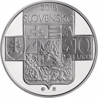 obverse of 10 Euro - 100th anniversary of the establishment of the Czechoslovak Republic (2018) coin from Slovakia. Inscription: 2018 SLOVENSKO 10 EURO