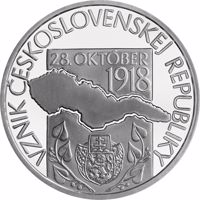 reverse of 10 Euro - 100th anniversary of the establishment of the Czechoslovak Republic (2018) coin from Slovakia. Inscription: VZNIK ČESKOSLOVENSKEJ REPUBLIKY 28. OKTÓBER 1918