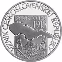 Slovakia coin 10 Euro - 100th anniversary of the establishment of the Czechoslovak Republic (2018) reverse reverse of 10 Euro - 100th anniversary of the establishment of the Czechoslovak Republic (2018) coin from Slovakia. Inscription: VZNIK ČESKOSLOVENSKEJ REPUBLIKY 28. OKTÓBER 1918