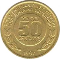 reverse of 50 Centavos - Women's Vote (1997) coin with KM# 121 from Argentina. Inscription: CINCUENTENARIO LEY N° 13.010 VOTO FEMENINO OBLIGATORIO 1947-1997 50 CENTAVOS 1997