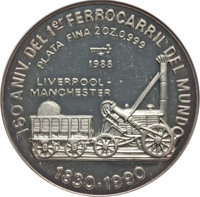 Cuba coin 20 Pesos - Railroads of the World Series - 160th Anniversary of First Railroad in England (1988) reverse reverse of 20 Pesos - Railroads of the World Series - 160th Anniversary of First Railroad in England (1988) coin with KM# 234 from Cuba. Inscription: 160 ANIV. DEL 1er FERROCARRIL DEL MUNDO PLATA FINA 2 OZ. 0.999 1988 LIVERPOOL- MANCHESTER 1830-1990