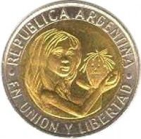 obverse of 1 Peso - Unicef (1996) coin with KM# 120 from Argentina. Inscription: REPUBLICA ARGENTINA .EN UNION Y LIBERTAD.