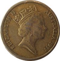 obverse of 2 Dollars - Elizabeth II - 3'rd Portrait (1988 - 1998) coin with KM# 101 from Australia. Inscription: ELIZABETH II AUSTRALIA 1992 RDM