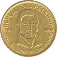 obverse of 50 Centavos - Death of General San Martin (2000) coin with KM# 130 from Argentina. Inscription: REPUBLICA ARGENTINA 1850 2000 GRAL. Dn. JOSE DE SAN MARTIN