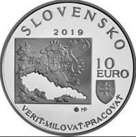 obverse of 10 Euro - 100th Anniversary of the Death of Milan Rastislav Štefánik (2019) coin from Slovakia. Inscription: SLOVENSKO 10 EURO 2019 VERIŤ-MILOVAŤ-PRACOVAŤ