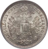 reverse of 10 Kreuzer - Franz Joseph I (1868 - 1872) coin with KM# 2206 from Austria. Inscription: LOD · ILL · REX A · A · 1868 HUNGAR · BOHEM · GAL · 10