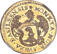 Swiss cantons coin 2 Goldgulden (1648) obverse obverse of 2 Goldgulden (1648) coin with KM# 109 from Swiss cantons. Inscription: MONETA NOVA AVREIA BASILEENSIS