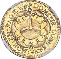 Swiss cantons coin 2 Goldgulden (1648) reverse reverse of 2 Goldgulden (1648) coin with KM# 109 from Swiss cantons. Inscription: DOMINE CONSERVA NOS IN PACE